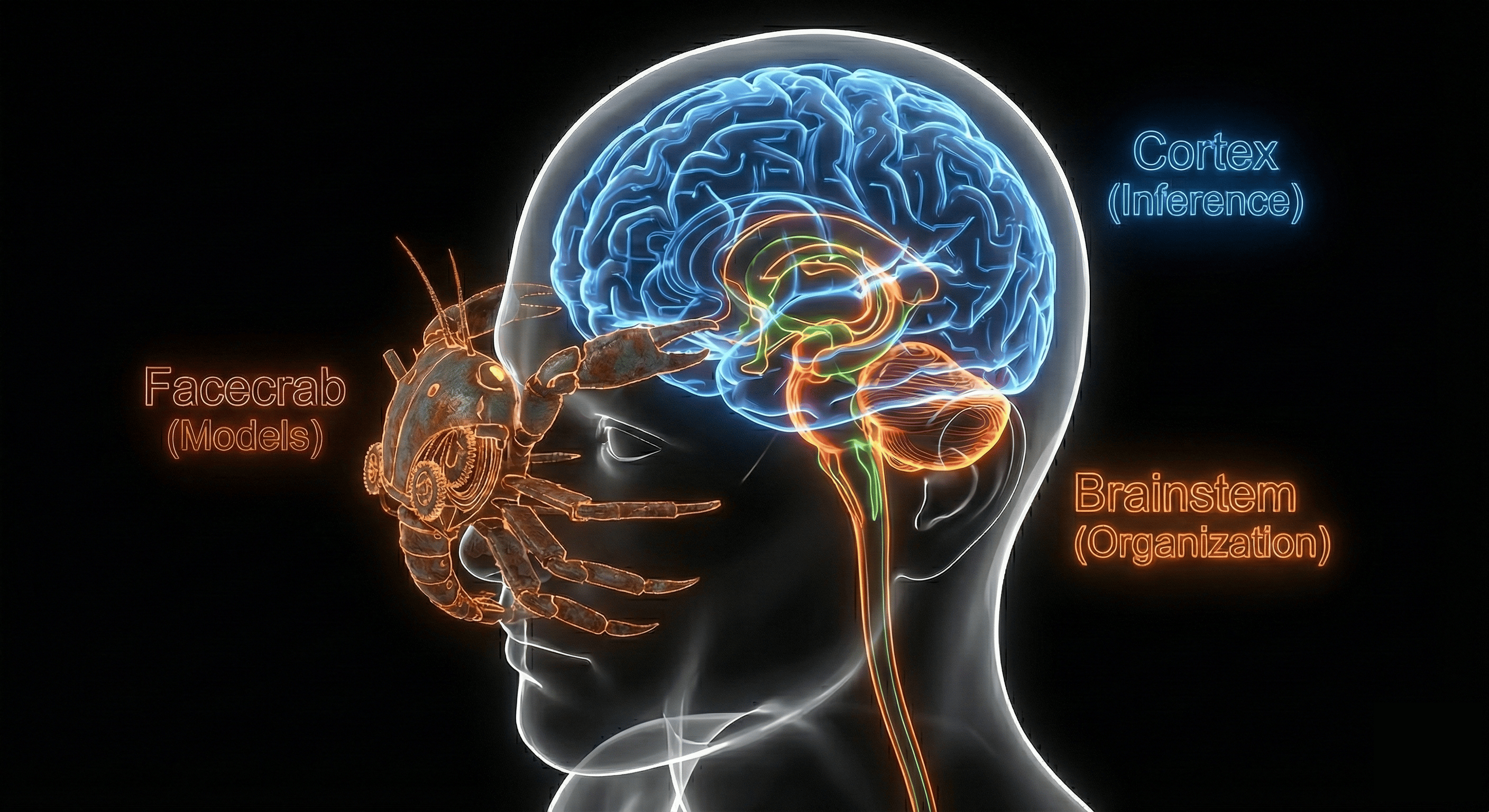 Rusty Genius Architecture: A brain with cortex, brainstem, and facecrab attachment